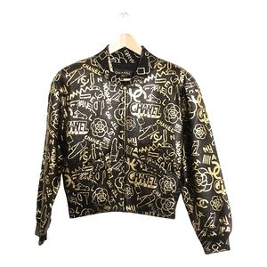 Black with Gold Graffiti Lambskin Bomber Jacket & Matching Tank Top